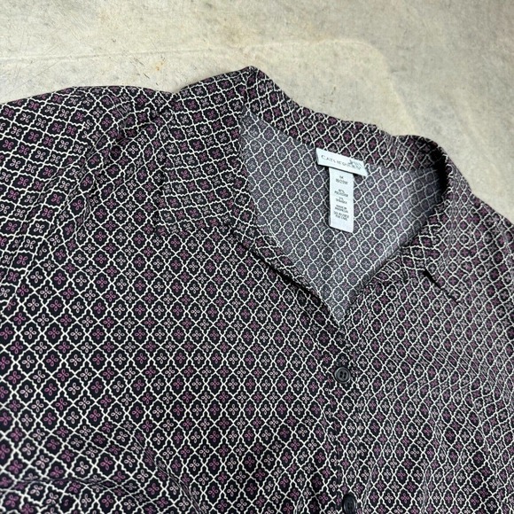 Catherines Top Womens 1X Black Pink Floral Print 3/4 Sleeve Button Up Collared - Picture 3 of 8